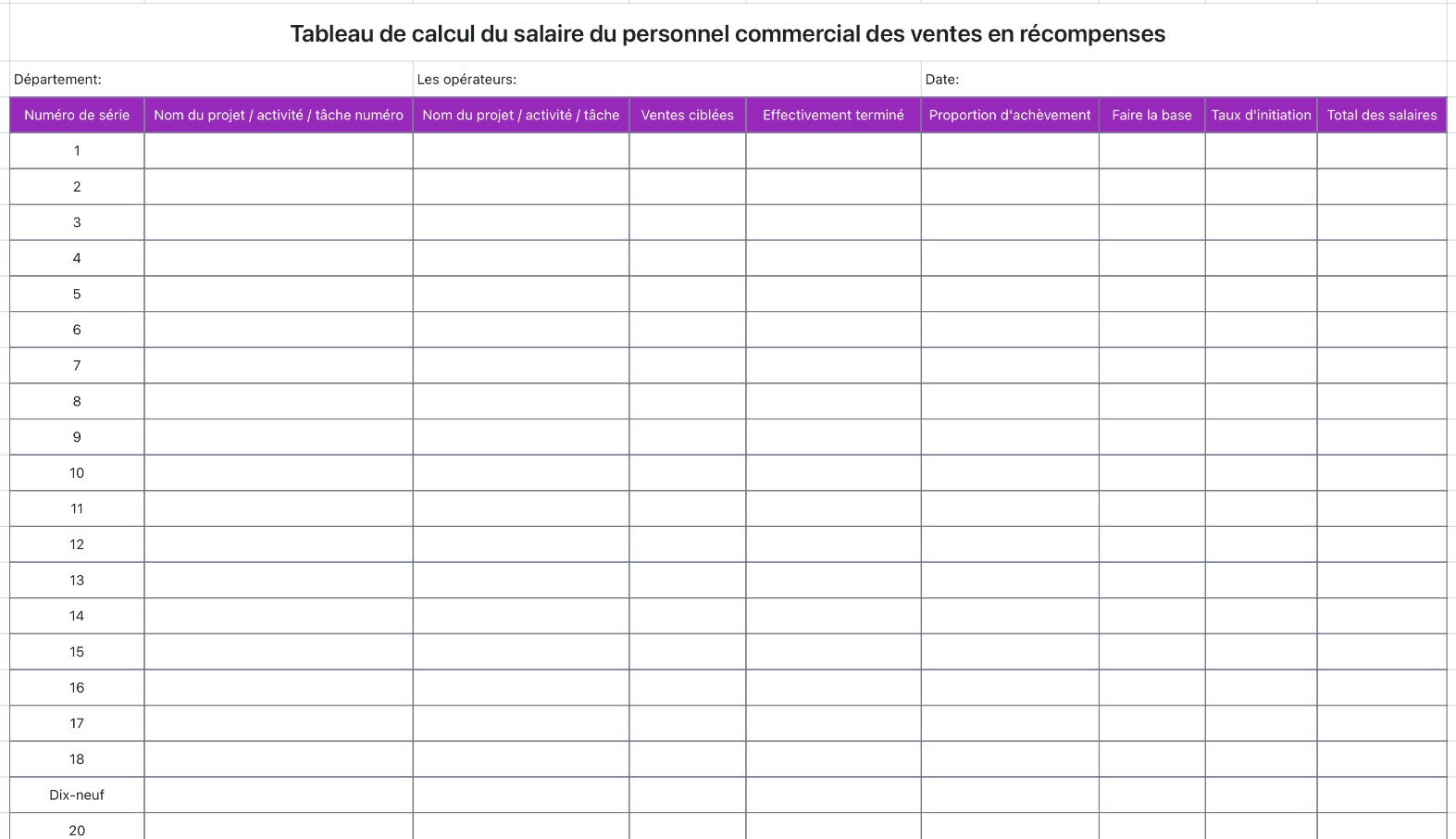 Tableau de calcul des salaires des vendeurs